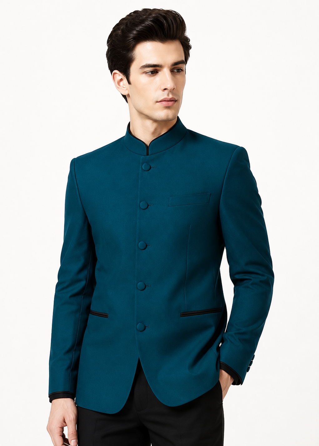 Teal Blue Solid Bandhgala