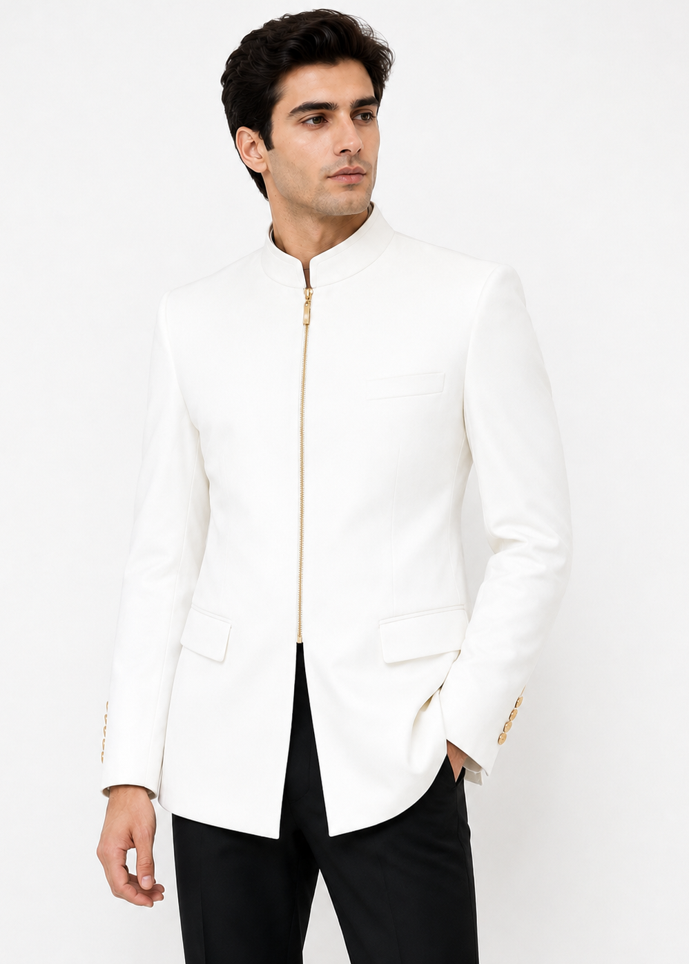 White Solid Velvet Bandhgala