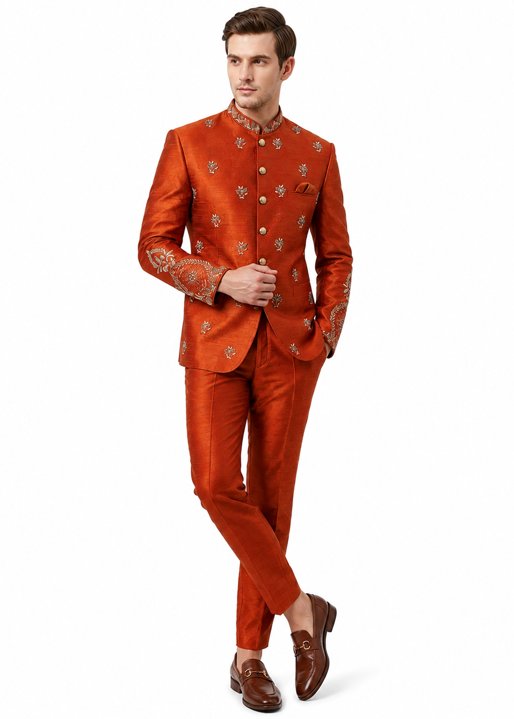 Rust Embroidered Bandhgala Suit Set