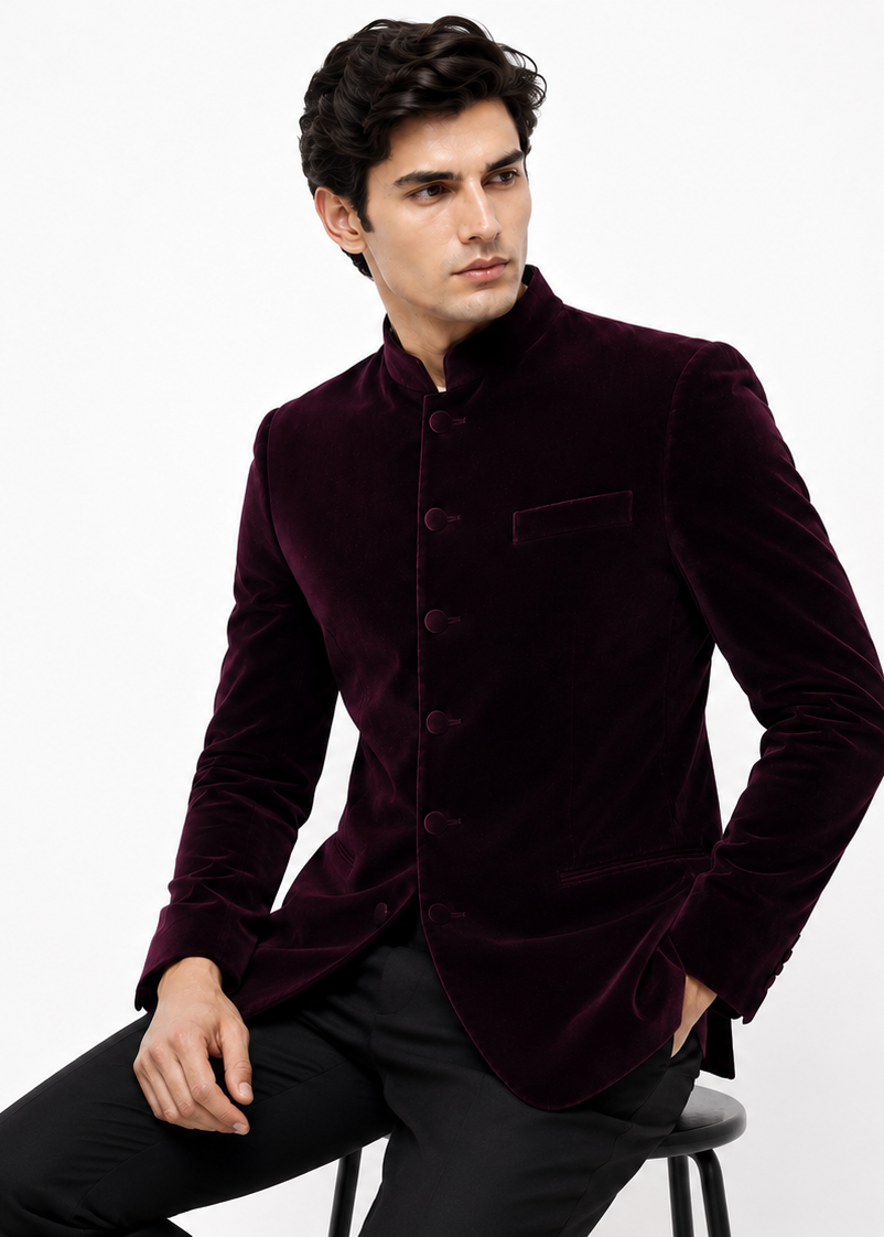 Slim Purple Velvet Bandhgala