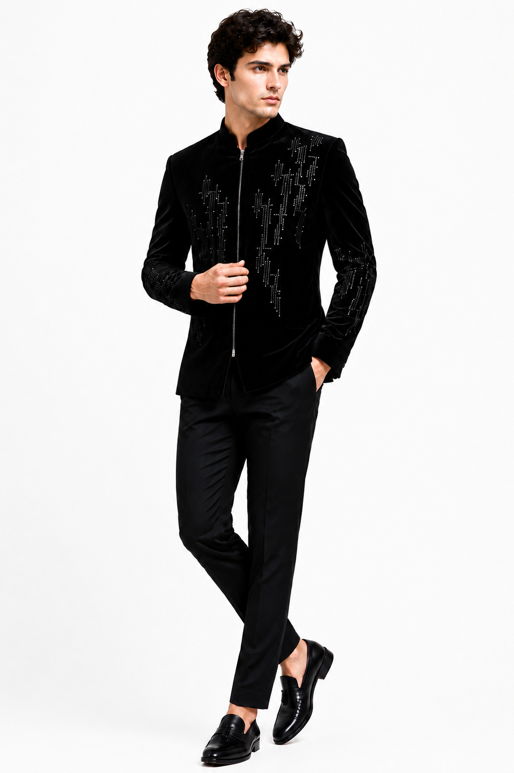 Black Velvet Zippered Embellished Bandhgala Jacket