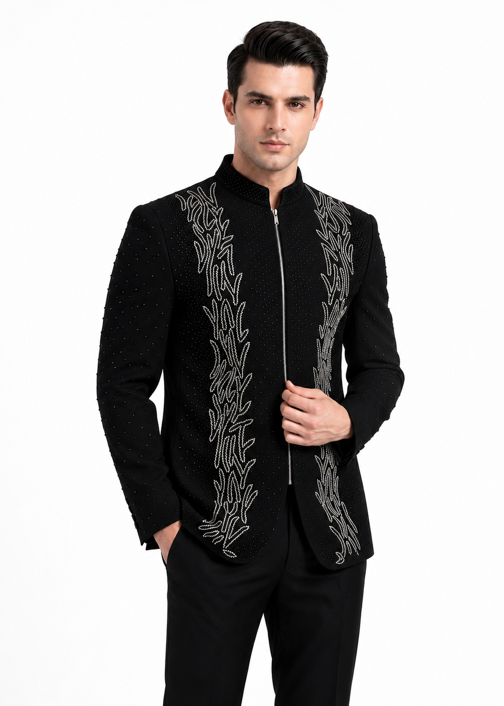 Black Zippered Bandhgala with Metallic Embroidery