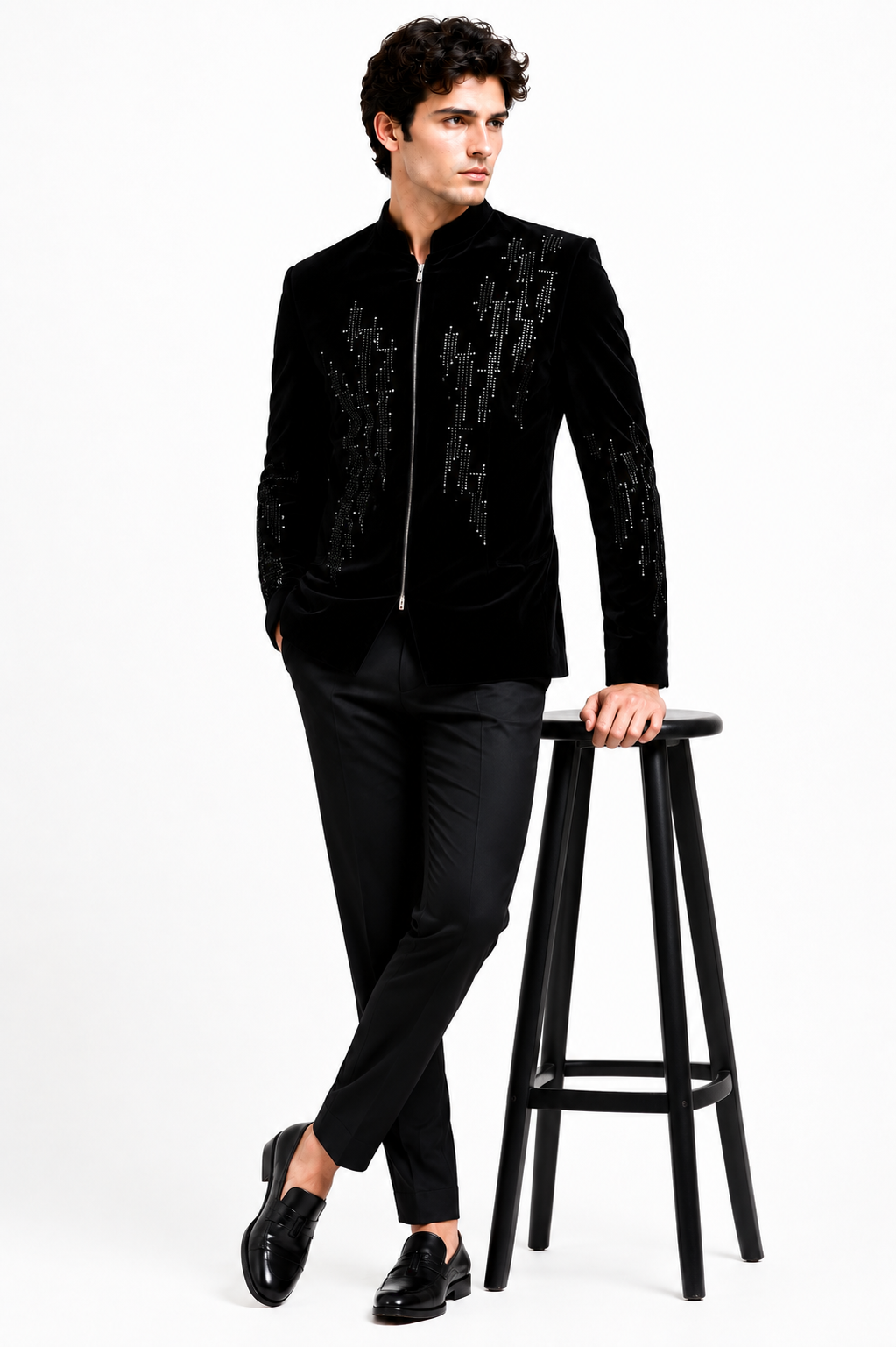 Black Velvet Zippered Embellished Bandhgala Jacket