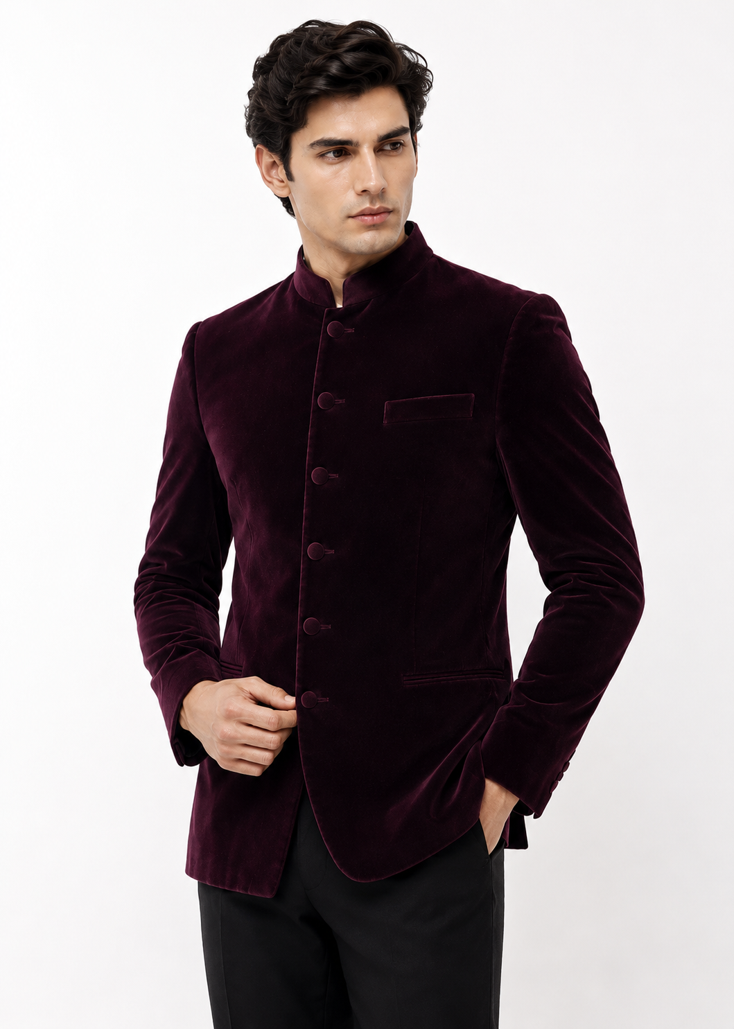Slim Purple Velvet Bandhgala