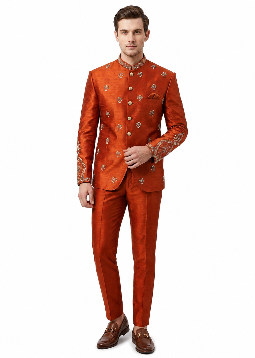 Rust Embroidered Bandhgala Suit Set