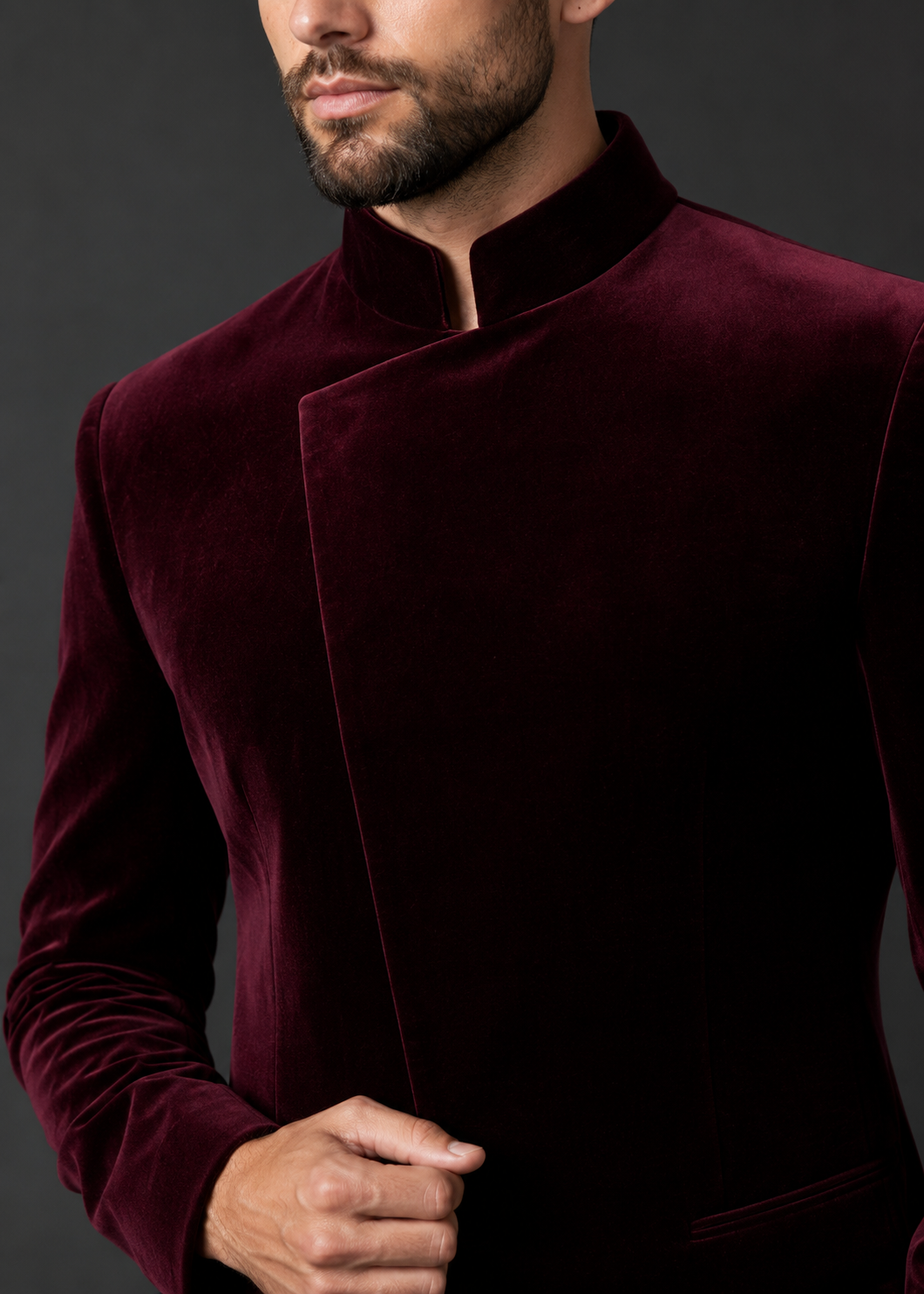 Slim Fit Burgundy Velvet Bandhgala 