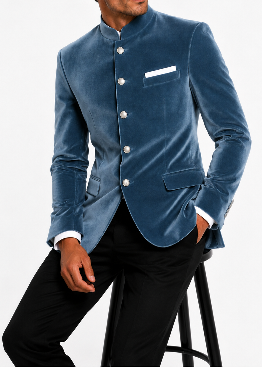 Ice Blue Velvet Bandhgala