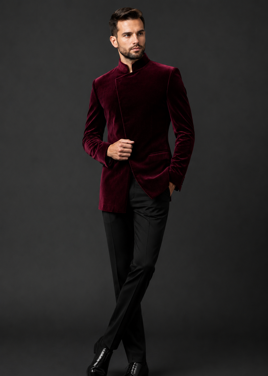 Slim Fit Burgundy Velvet Bandhgala