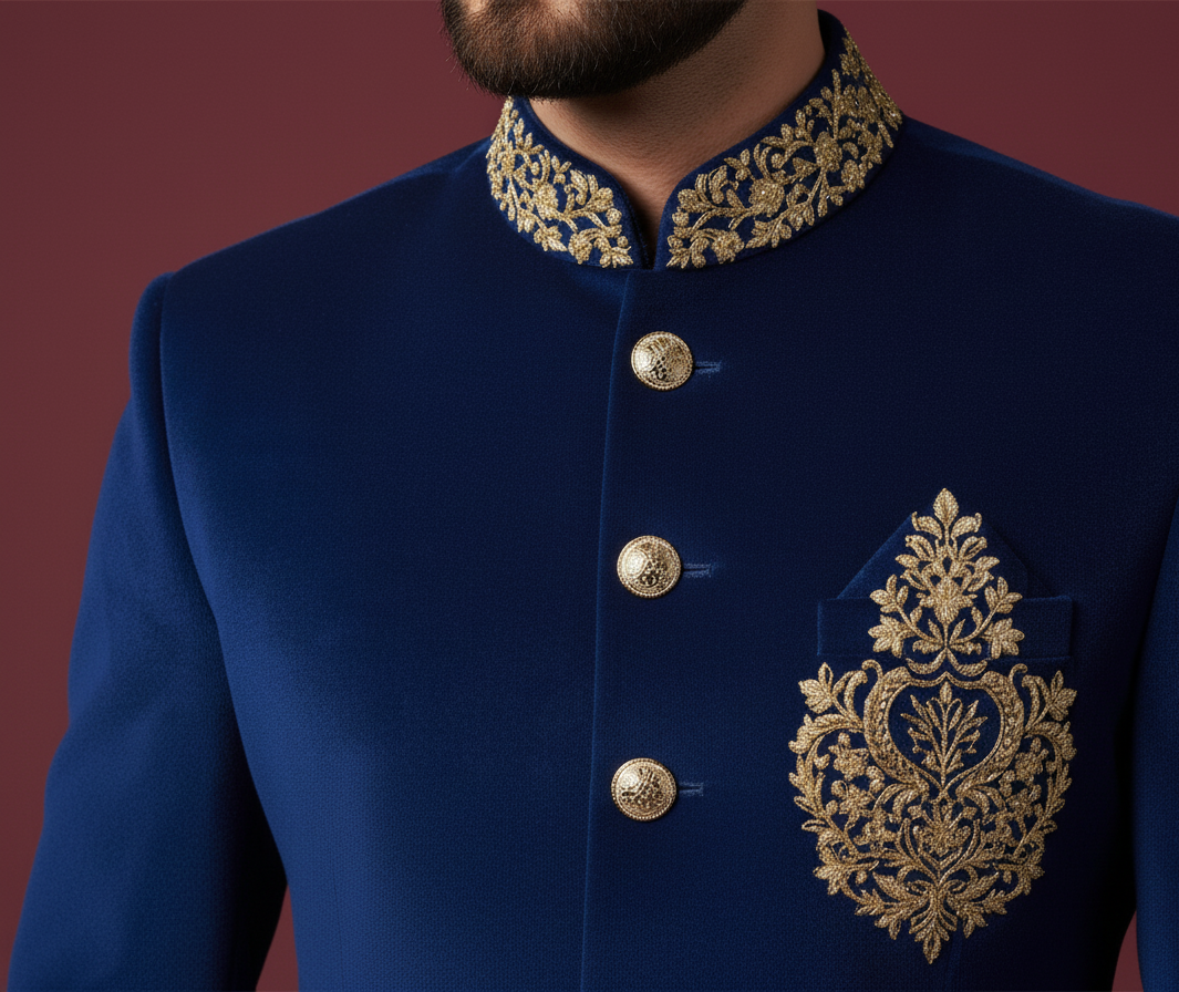 Royal Blue Velvet Embroidered Jodhpuri Suit