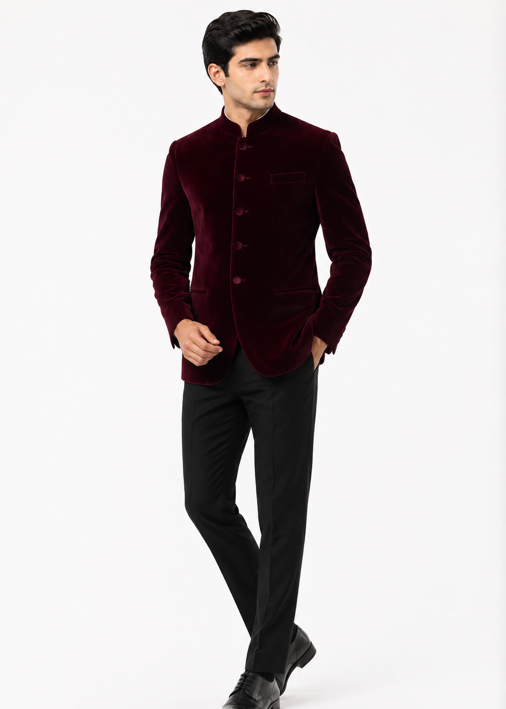 Slim Burgundy Velvet Bandhgala
