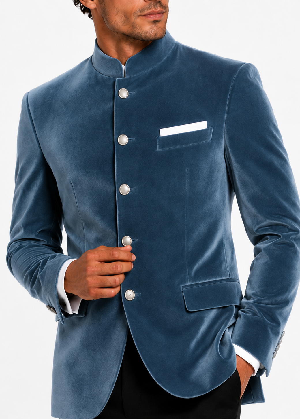 Ice Blue Velvet Bandhgala