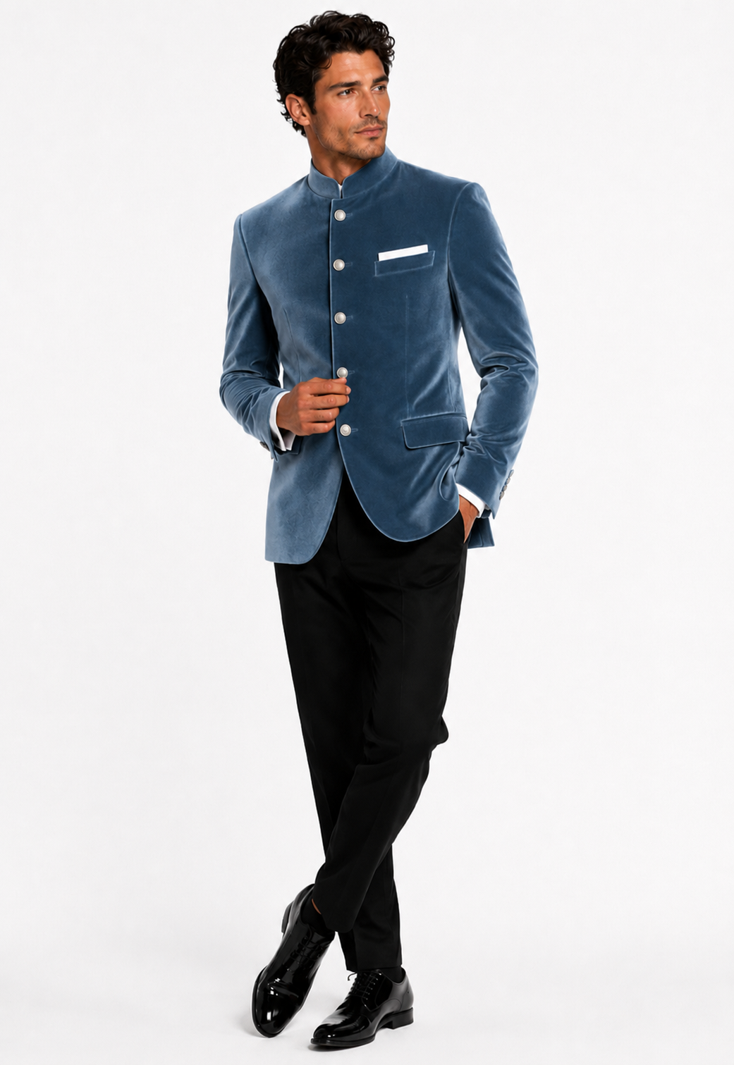 Ice Blue Velvet Bandhgala