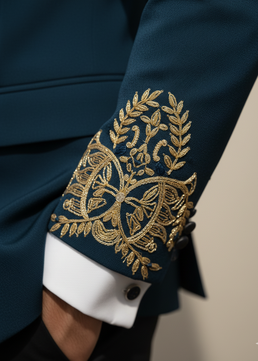 Teal Blue Gold Zari Embroidered Tuxedo
