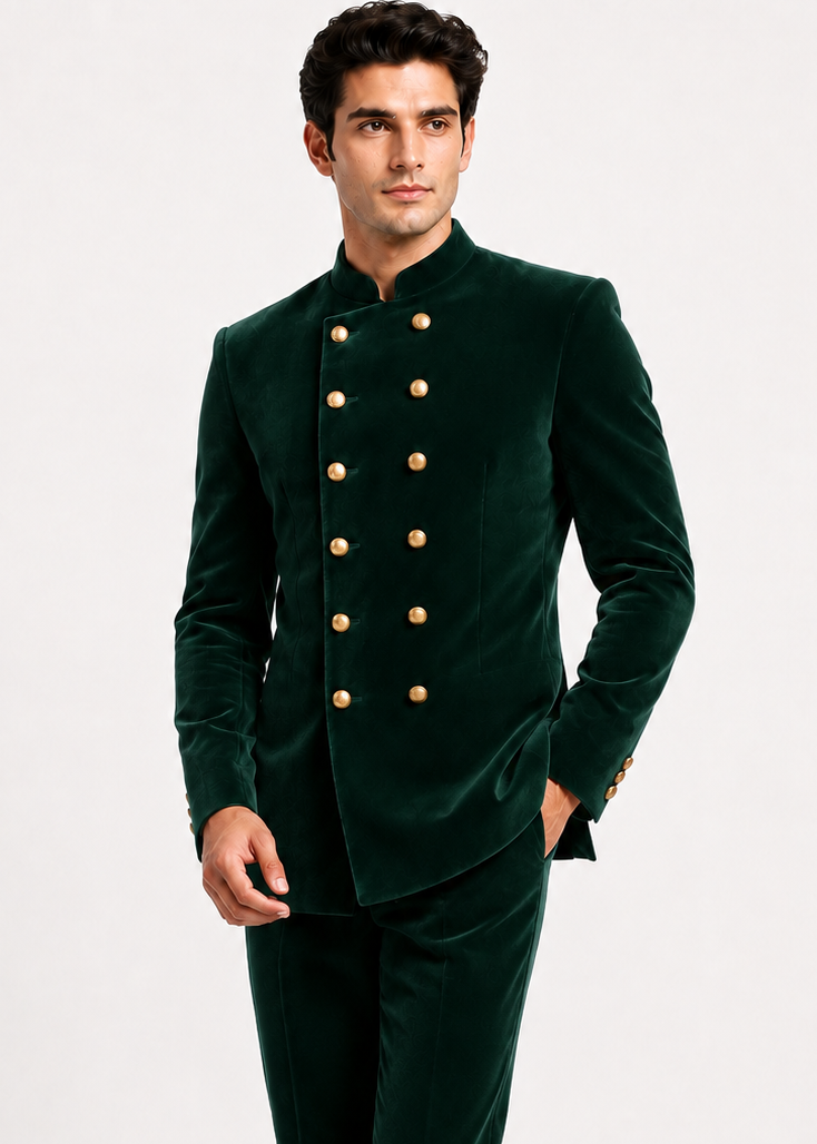 Green Velvet Bandhgala with Gold Buttons