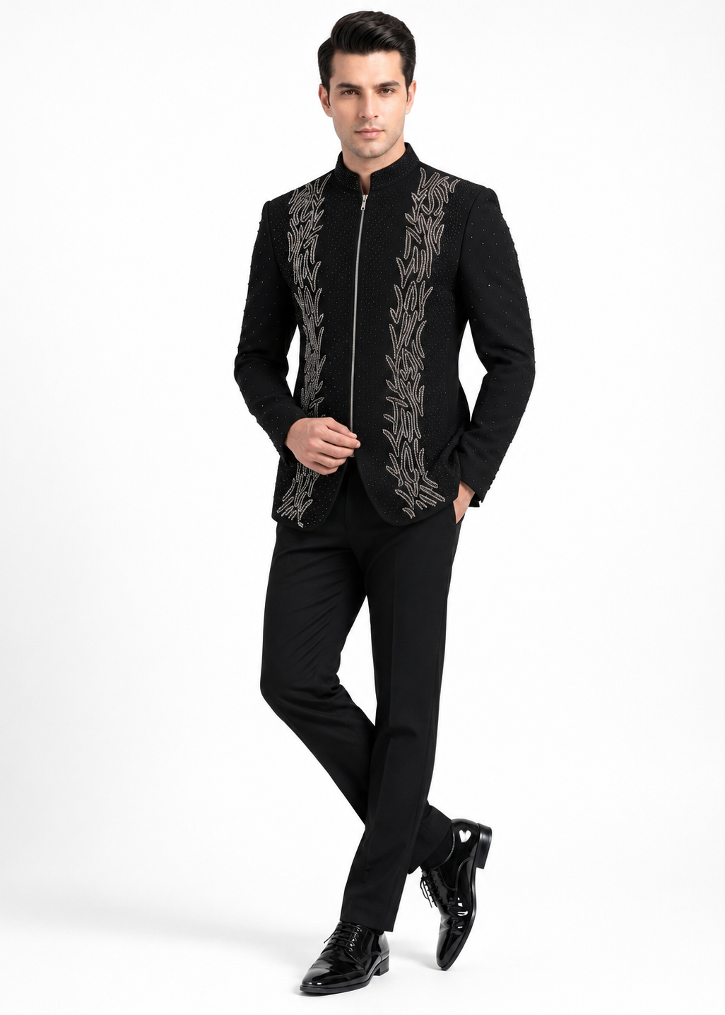 Black Zippered Bandhgala with Metallic Embroidery