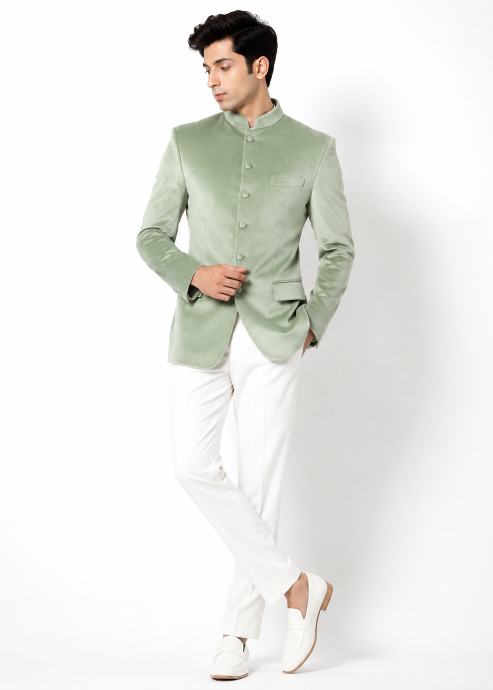Pastel Green Velvet Bandhgala