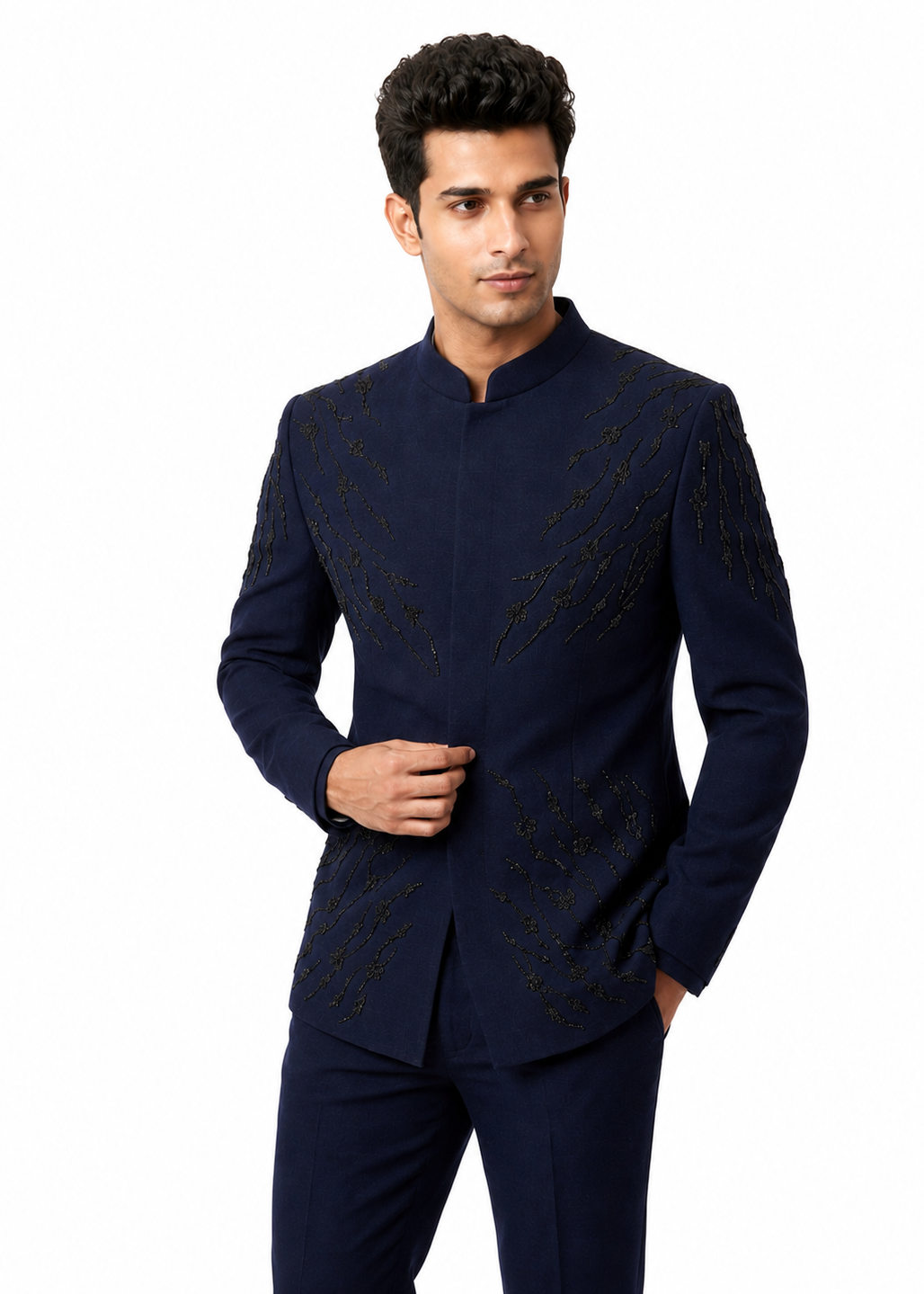 Navy Bandhgala with Black Embroidery