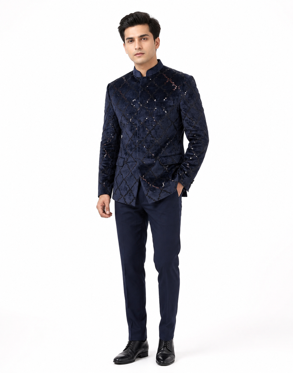 Navy Blue Grid Pattern Velvet Jodhpuri Jacket