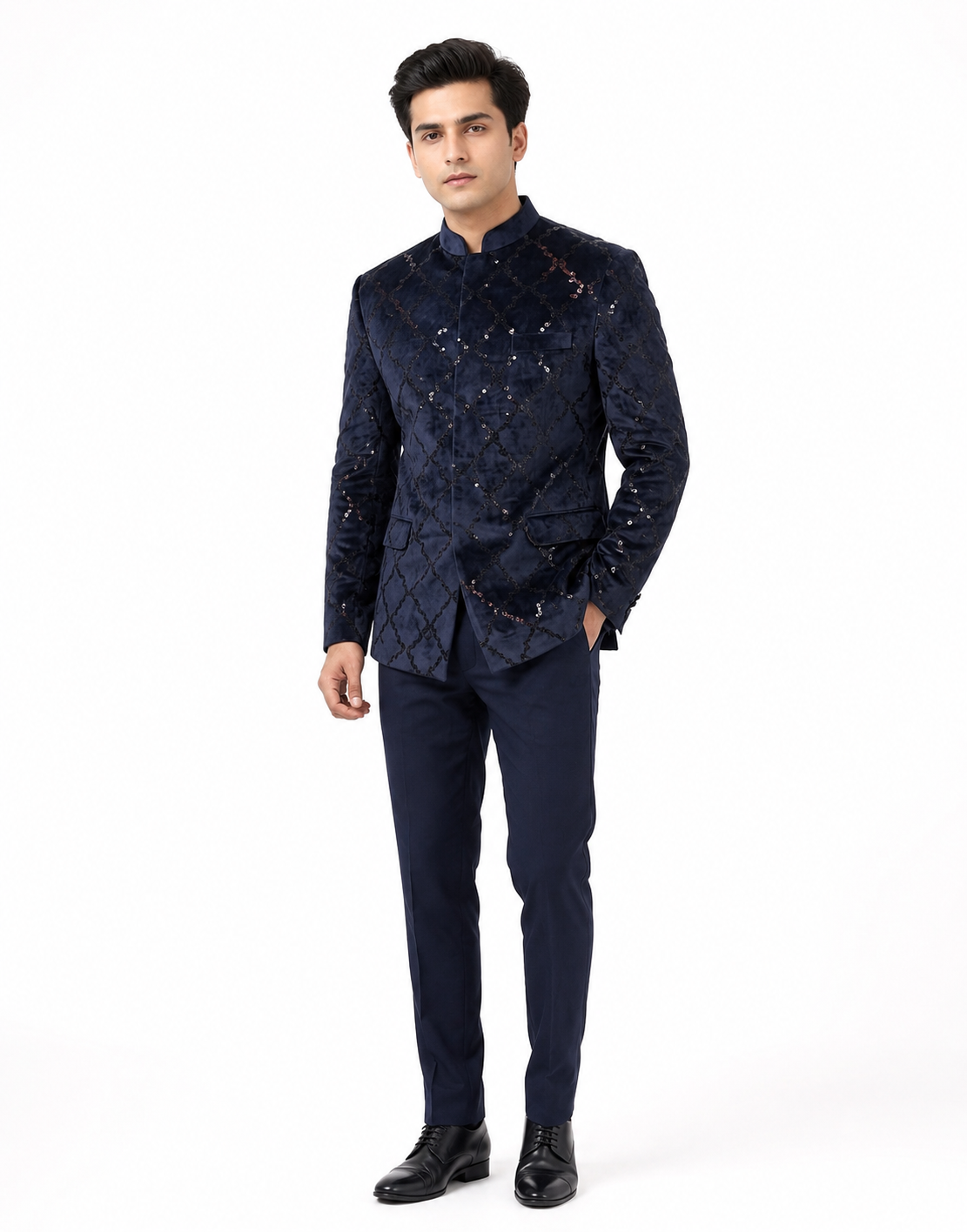 Navy Blue Grid Pattern Velvet Jodhpuri Jacket