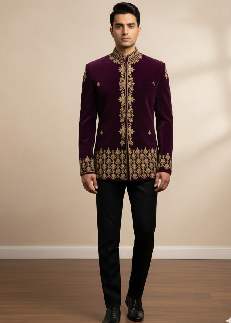 Purple Gold Embroidered Bandhgala Suit