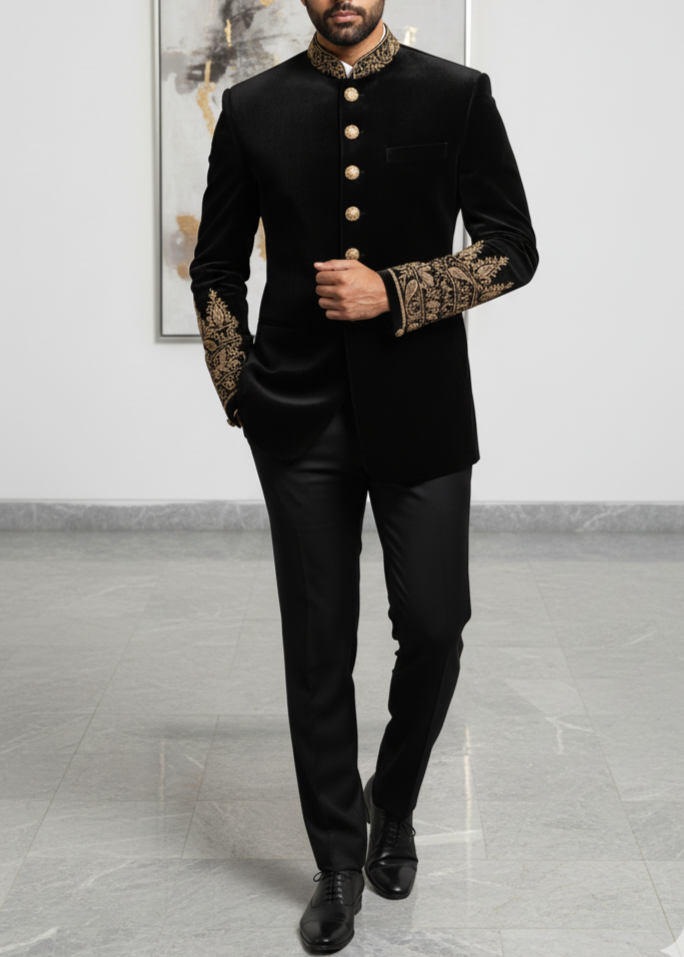 Black Embroiderd Bandhgala with Gold Zardozi Embroidery