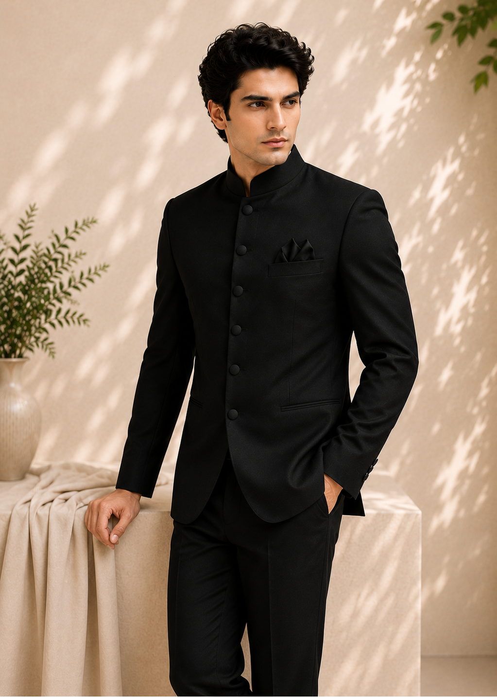 Slim Black Bandhgala Suit