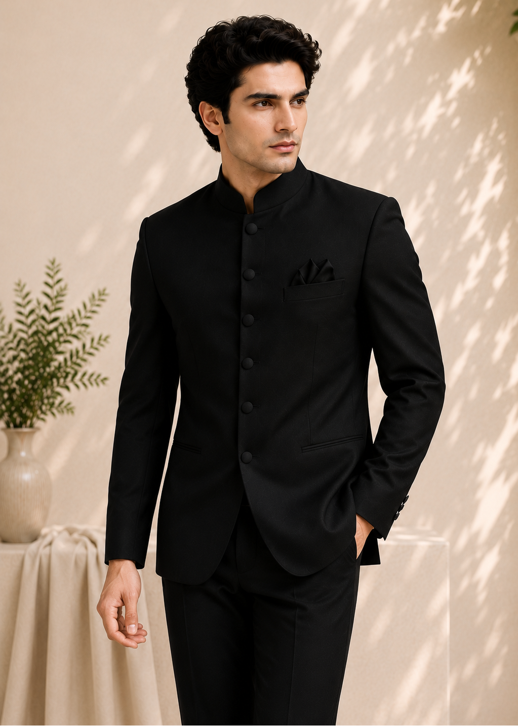 Slim Black Bandhgala Suit