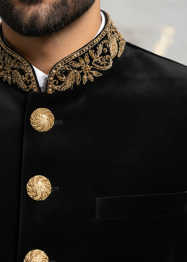Black Embroiderd Bandhgala with Gold Zardozi Embroidery