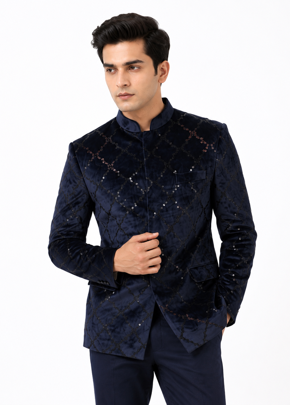 Navy Blue Grid Pattern Velvet Jodhpuri Jacket