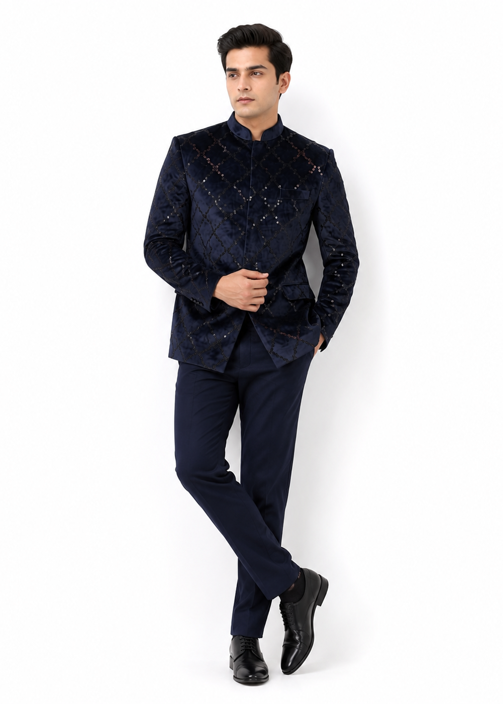 Navy Blue Grid Pattern Velvet Jodhpuri Jacket