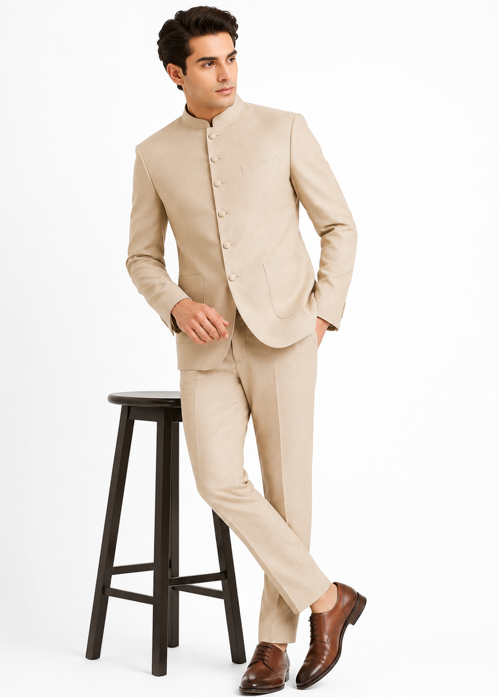 Slim Beige Bandhgala Suit