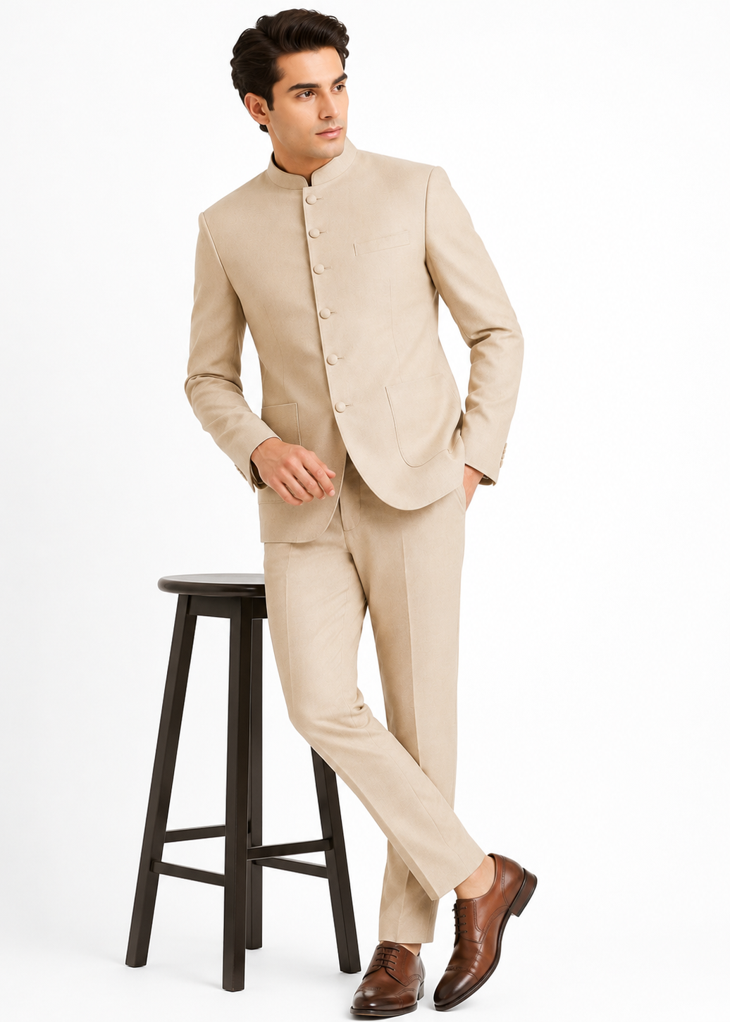 Slim Beige Bandhgala Suit