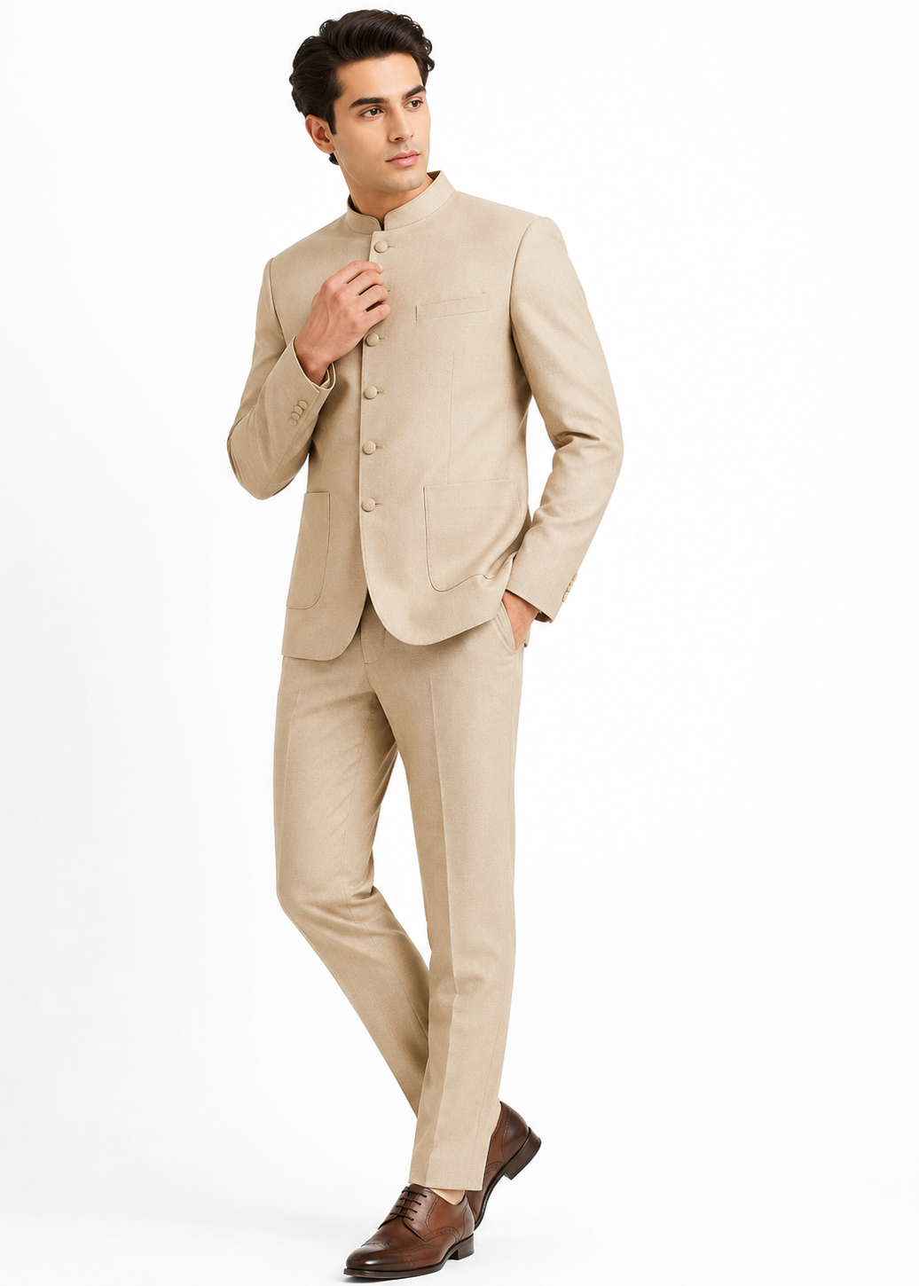 Slim Beige Bandhgala Suit