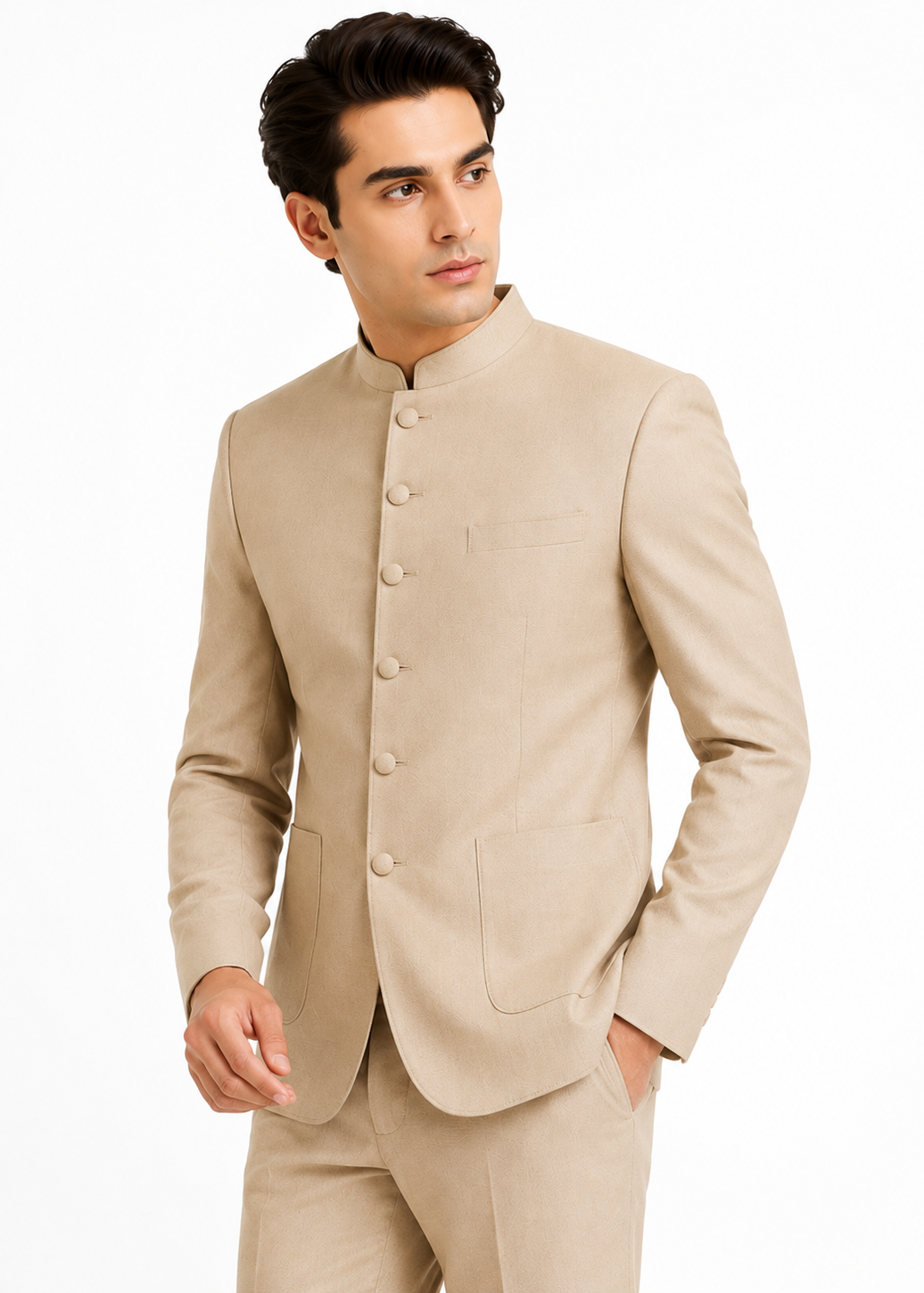 Slim Beige Bandhgala Suit