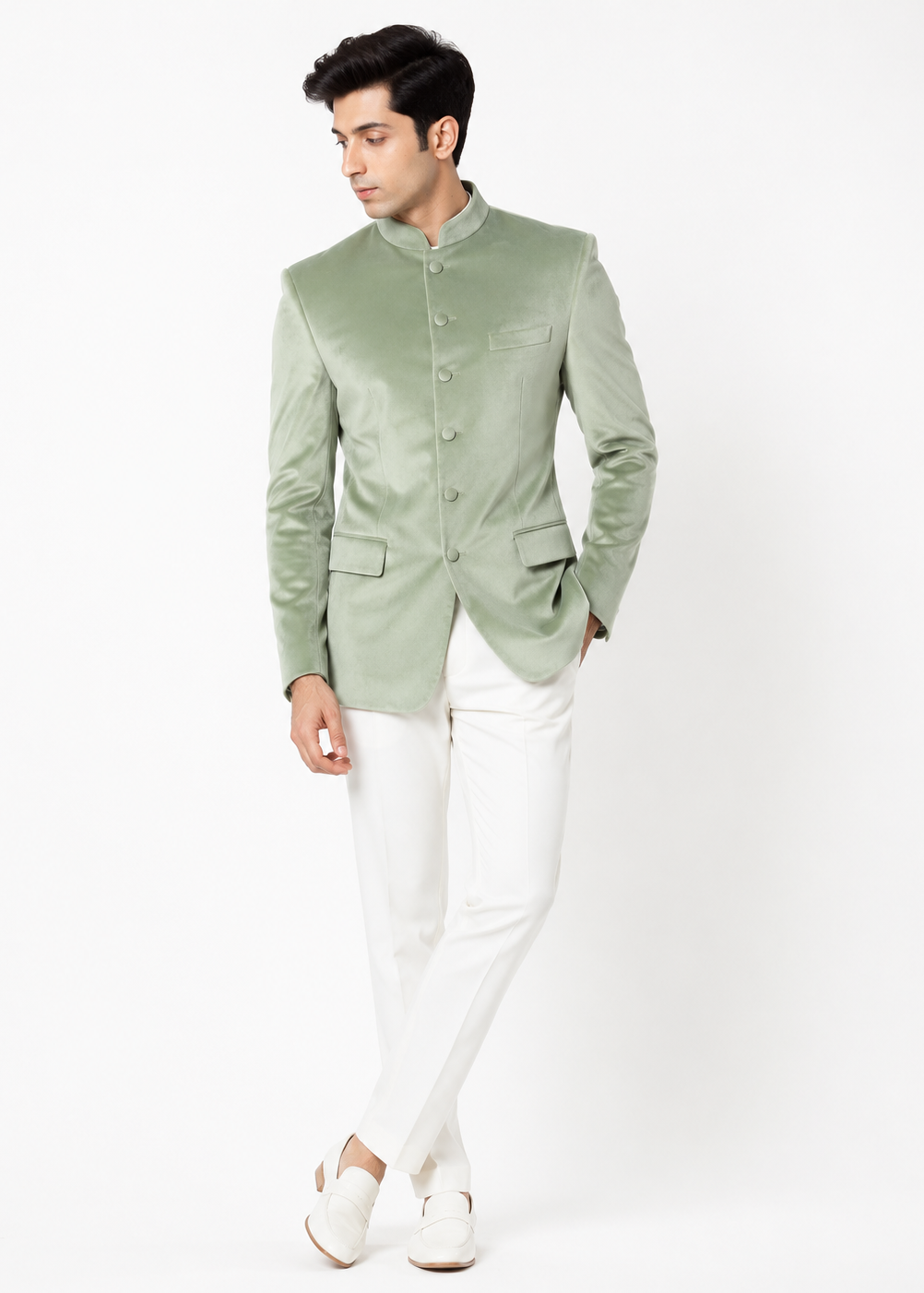 Pastel Green Velvet Bandhgala