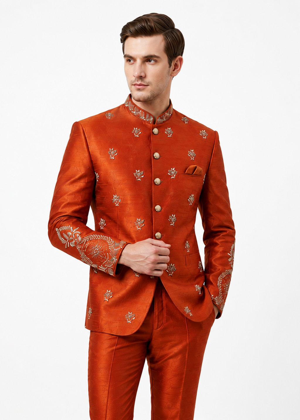 Rust Embroidered Bandhgala Suit Set