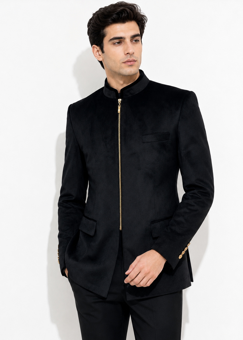 Black Solid Velvet Bandhgala