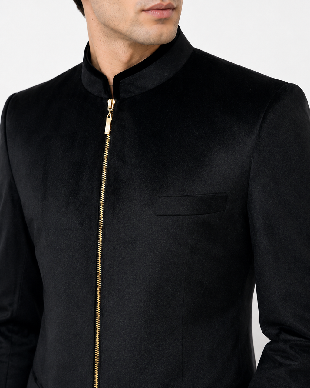 Black Solid Velvet Bandhgala