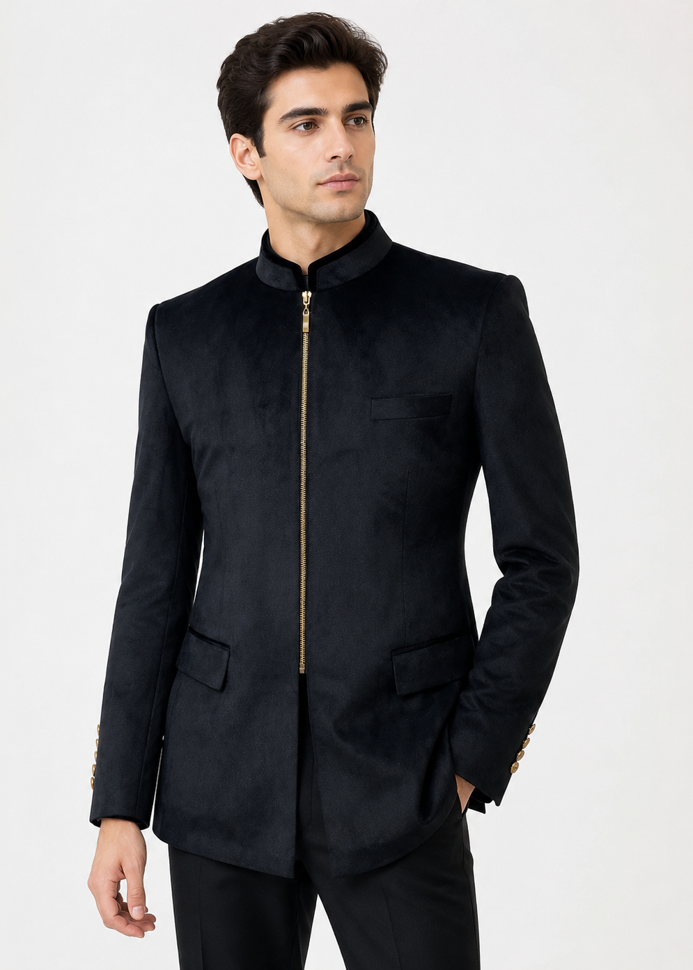 Black Solid Velvet Bandhgala
