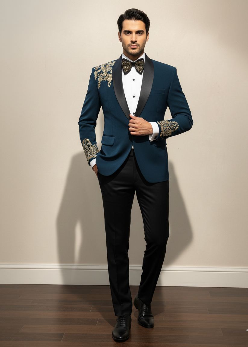 Teal Blue Gold Zari Embroidered Tuxedo