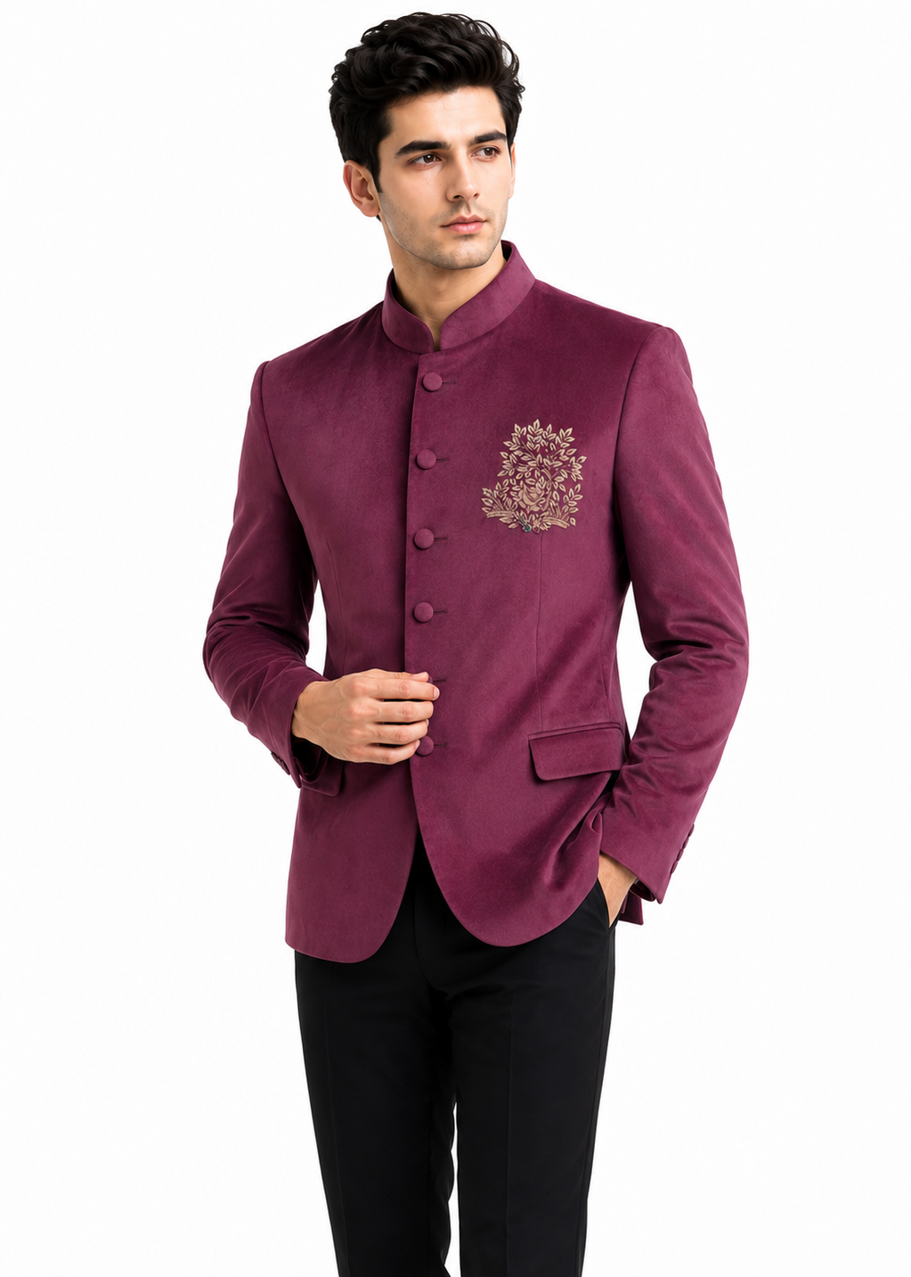 Wine Velvet Embroidered Bandhgala