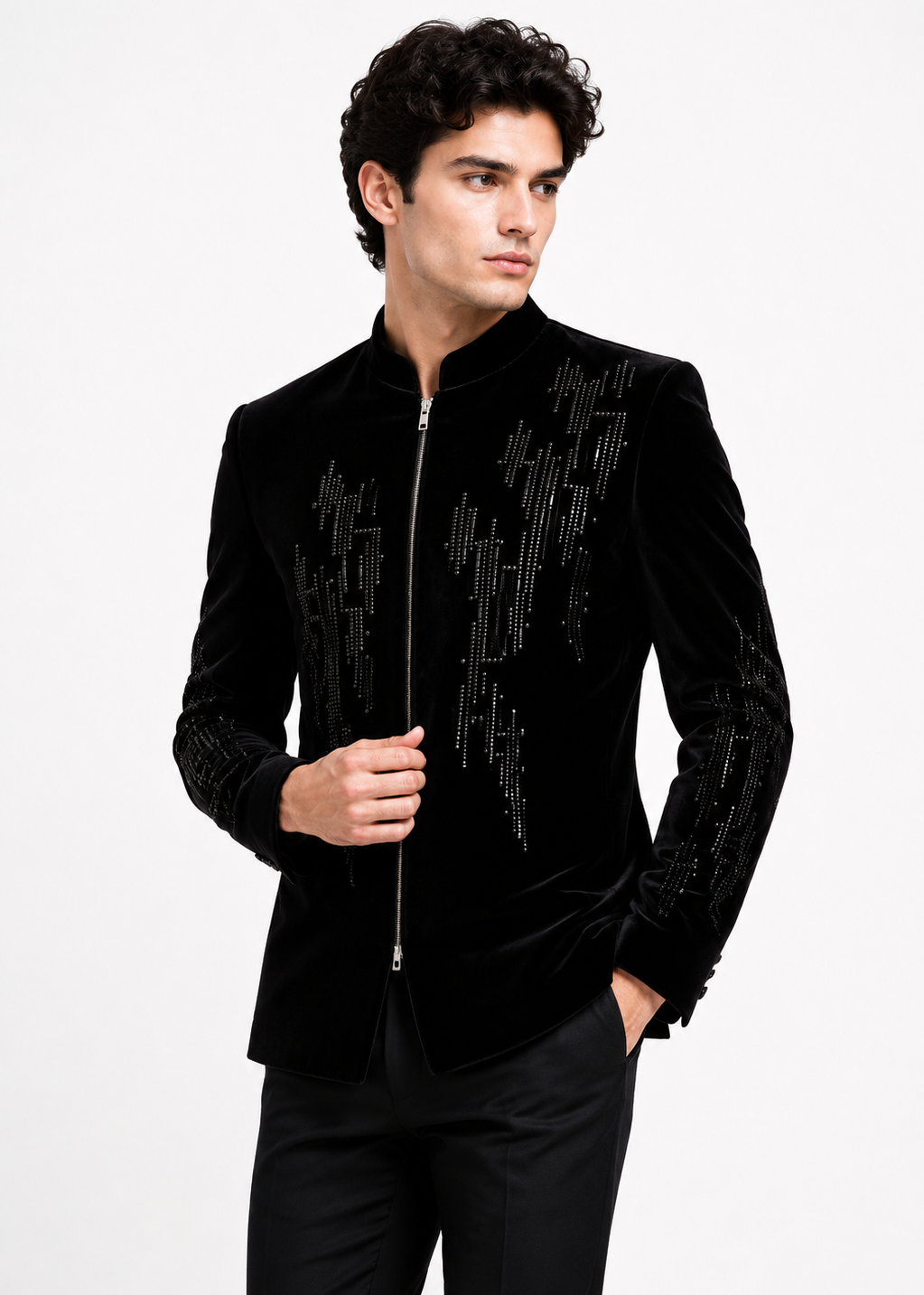Black Velvet Zippered Embellished Bandhgala Jacket