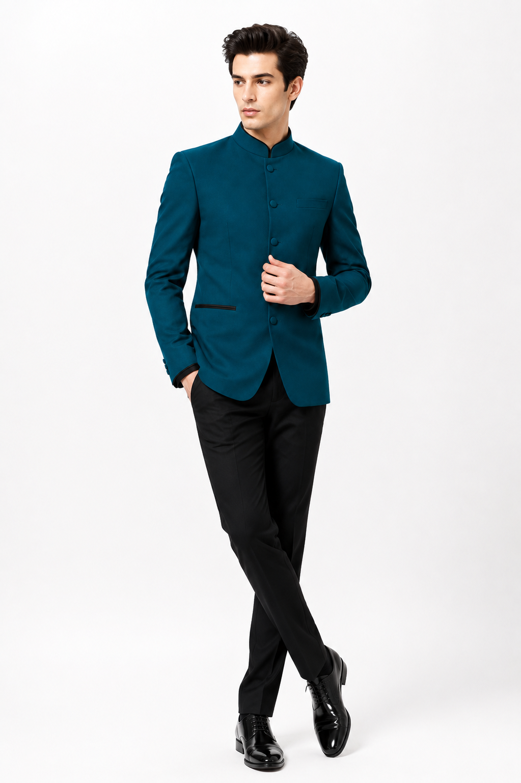 Teal Blue Solid Bandhgala