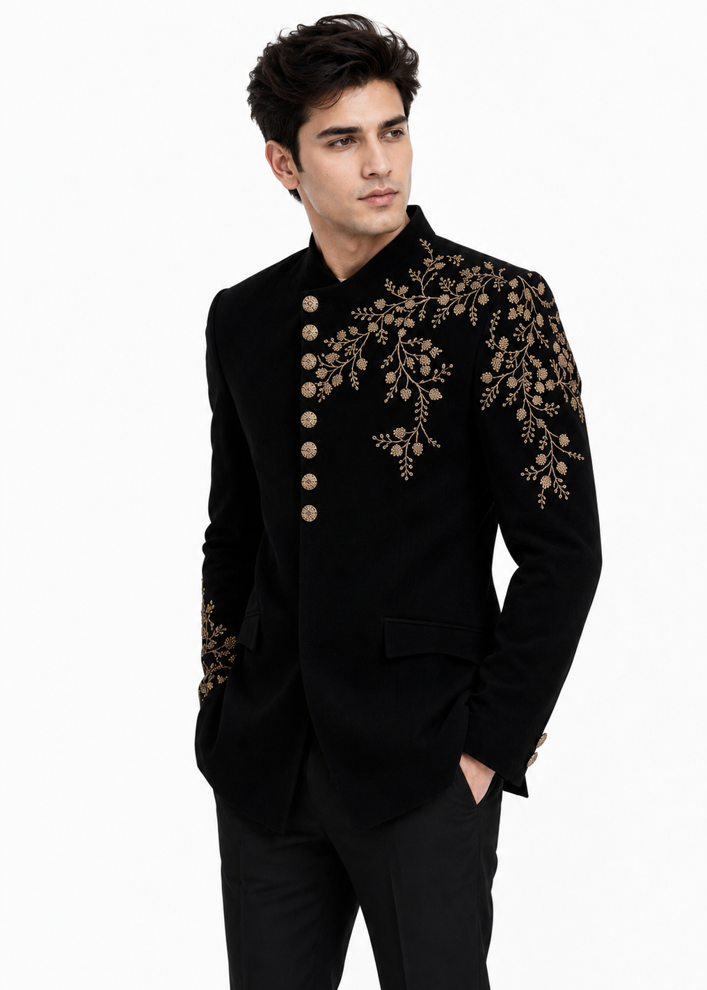 Gold Embroidered Wedding Black Bandhgala