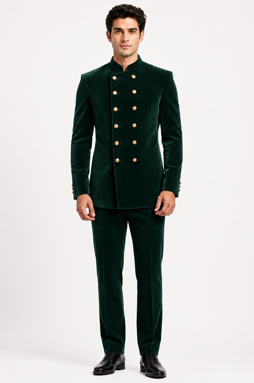 Green Velvet Bandhgala with Gold Buttons