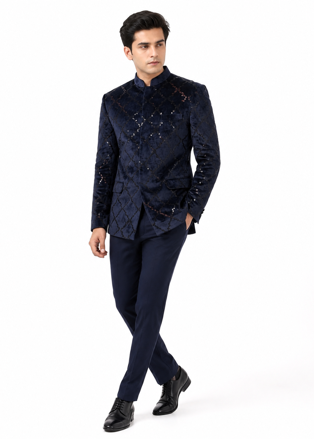 Navy Blue Grid Pattern Velvet Jodhpuri Jacket