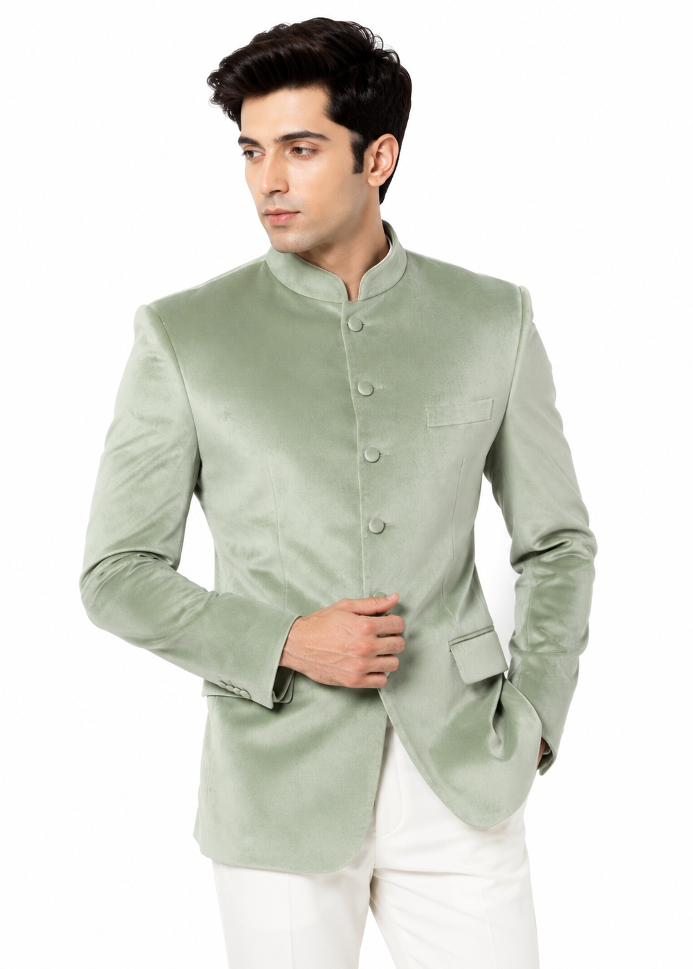 Pastel Green Velvet Bandhgala