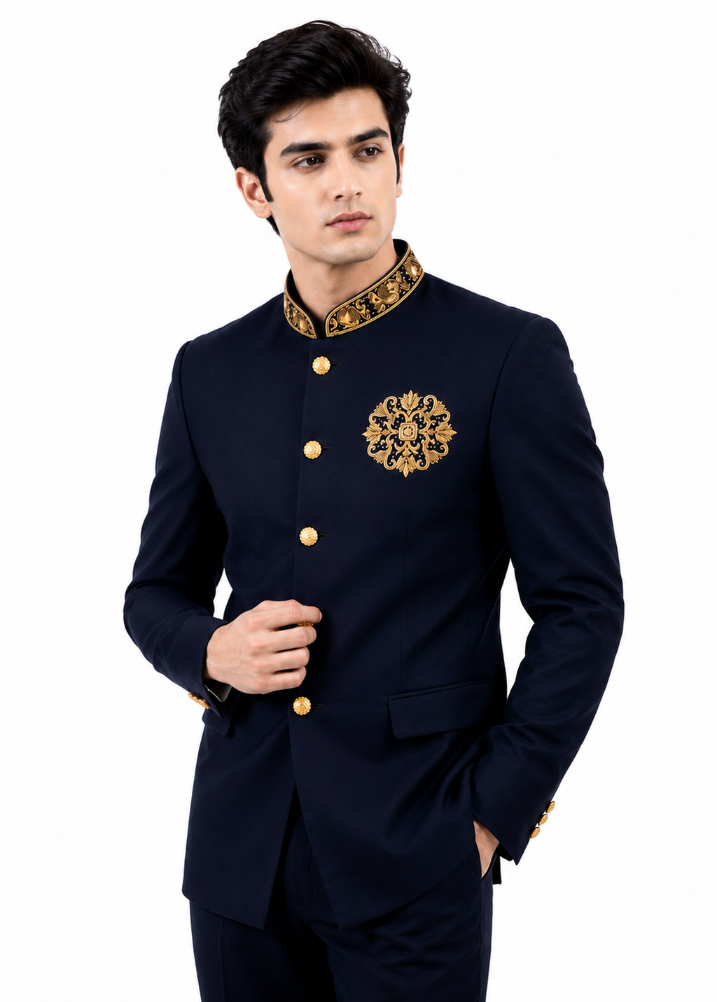Navy Blue Bandhgala with Gold Embroiderey