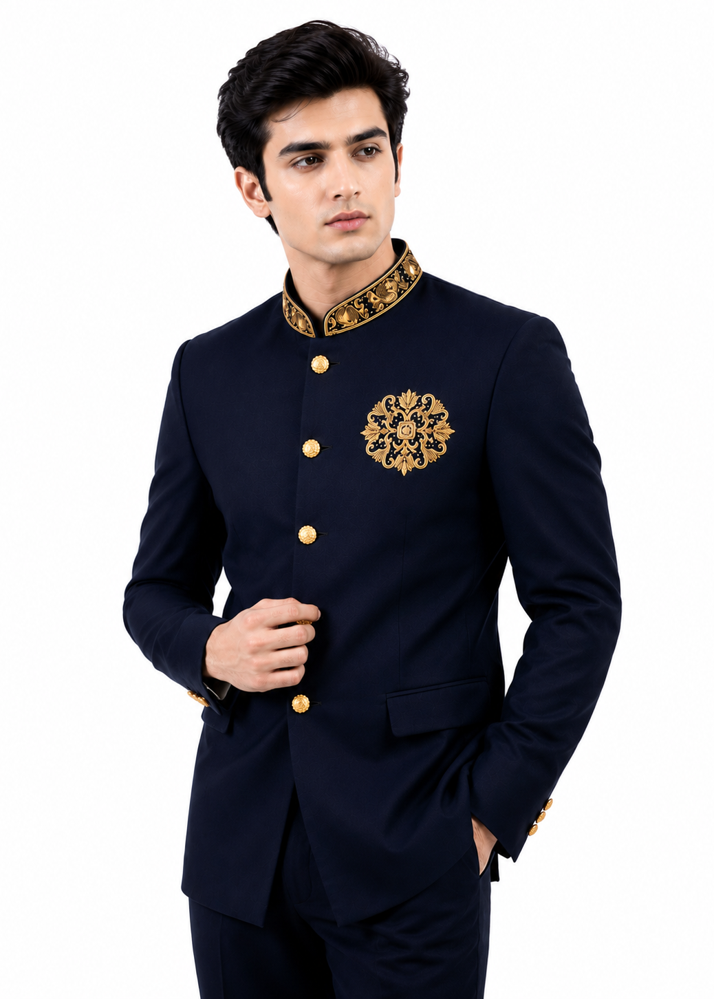 Navy Blue Bandhgala with Gold Embroiderey