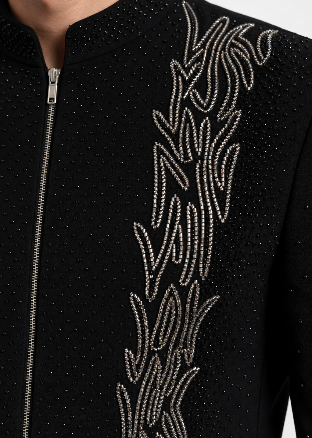 Black Zippered Bandhgala with Metallic Embroidery